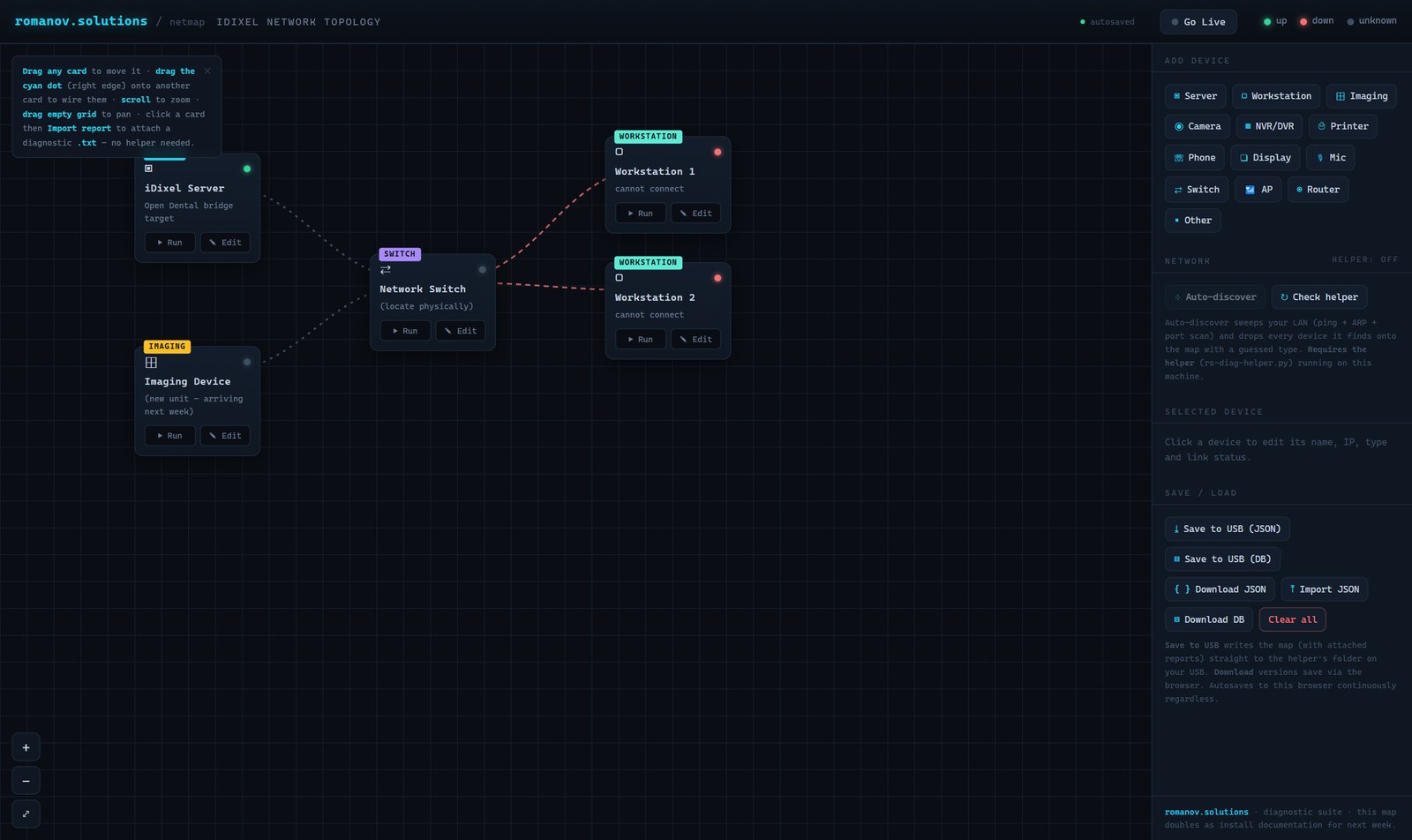 odontOS network topology — live map of an office imaging network